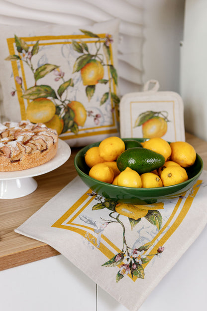 Tapestry Lemon Print Pillowcase | Mediterranean Kitchen Decor, Summer Citrus Table Cover, Yellow Fruit Botanical Linen Look Textile