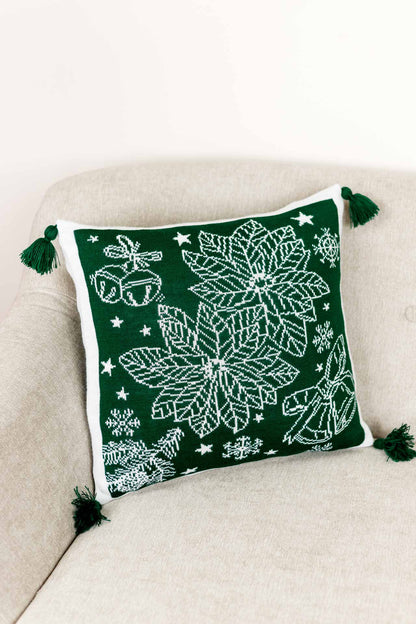 Green Knitted Christmas Blanket With Poinsettia Flower, Bells And Snowflakes Pattern | Festive Warm Winter Textile Set, Housewarming Gift