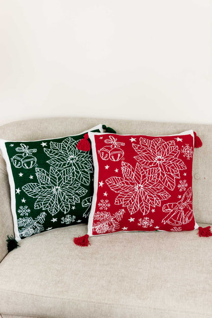 Green Knitted Christmas Pillowcase With Poinsettia Flower, Bells And Snowflakes Pattern | Festive Warm Winter Textile Set, Housewarming Gift