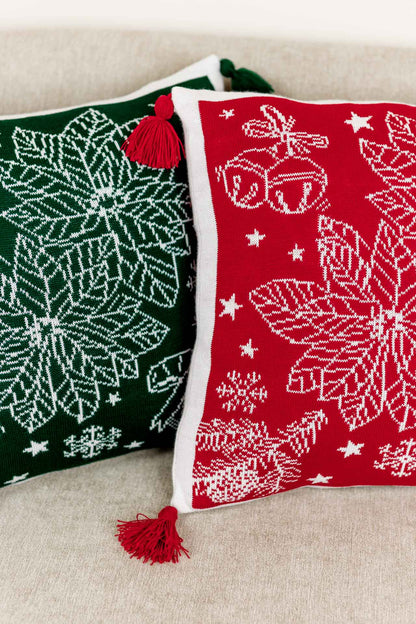 Green Knitted Christmas Pillowcase With Poinsettia Flower, Bells And Snowflakes Pattern | Festive Warm Winter Textile Set, Housewarming Gift