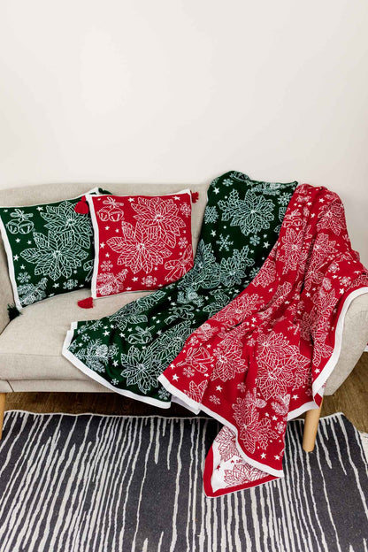 Green Knitted Christmas Pillowcase With Poinsettia Flower, Bells And Snowflakes Pattern | Festive Warm Winter Textile Set, Housewarming Gift