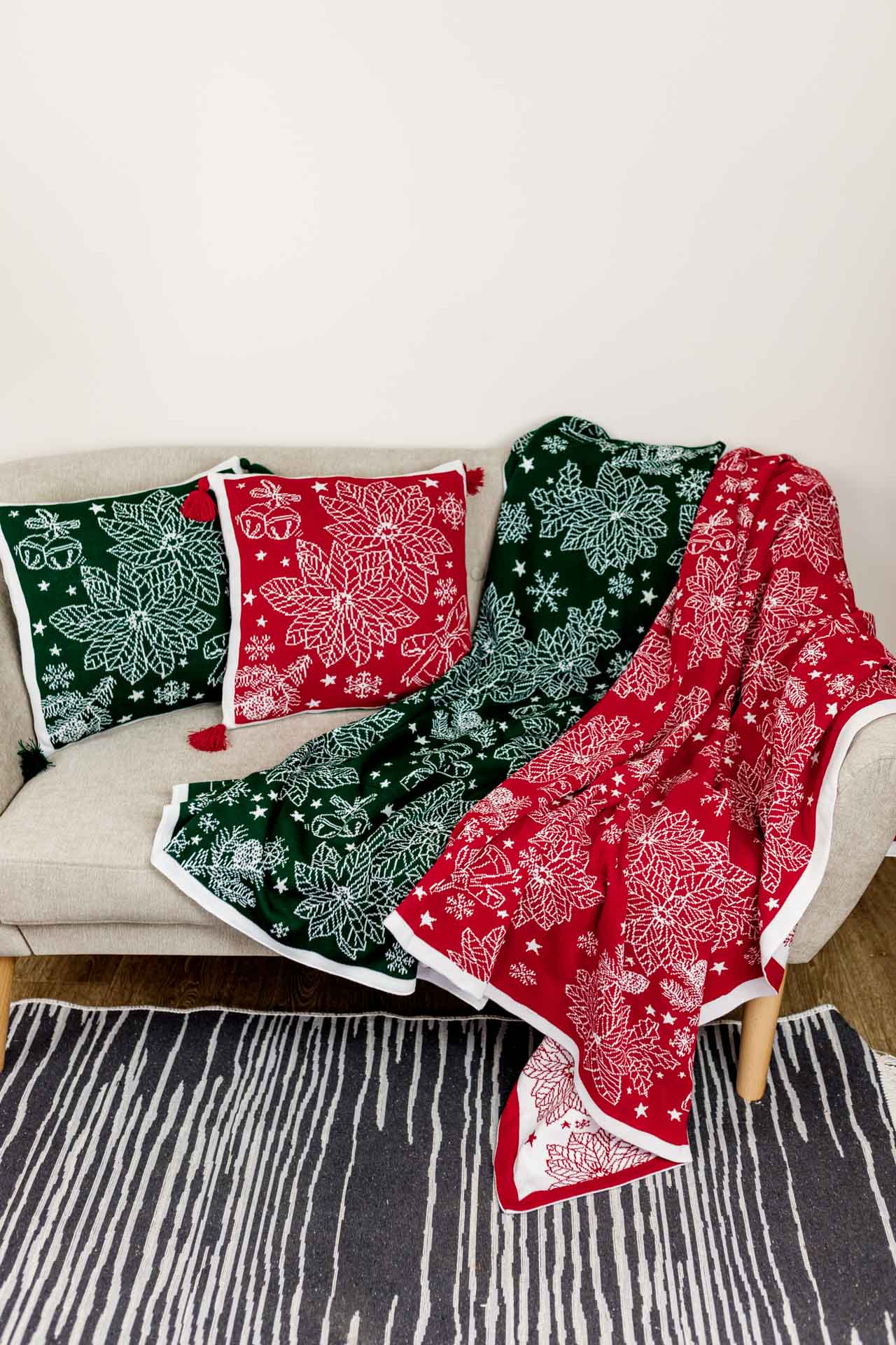 Red Knitted Christmas Blanket With Poinsettia Flower, Bells And Snowflakes Pattern | Festive Warm Winter Textile Set, Housewarming Gift