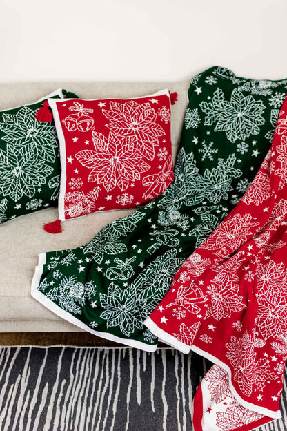 Green Knitted Christmas Pillowcase With Poinsettia Flower, Bells And Snowflakes Pattern | Festive Warm Winter Textile Set, Housewarming Gift