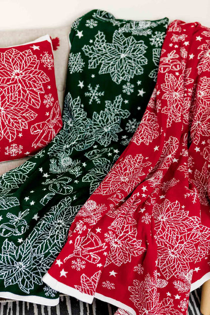 Green Knitted Christmas Pillowcase With Poinsettia Flower, Bells And Snowflakes Pattern | Festive Warm Winter Textile Set, Housewarming Gift