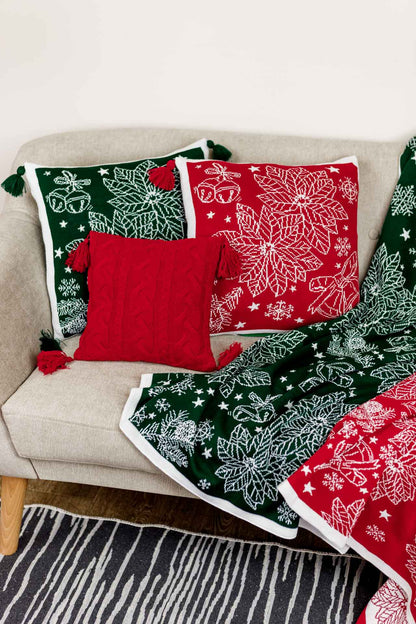 Green Knitted Christmas Pillowcase With Poinsettia Flower, Bells And Snowflakes Pattern | Festive Warm Winter Textile Set, Housewarming Gift