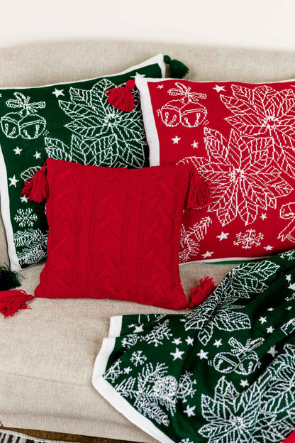 Green Knitted Christmas Pillowcase With Poinsettia Flower, Bells And Snowflakes Pattern | Festive Warm Winter Textile Set, Housewarming Gift