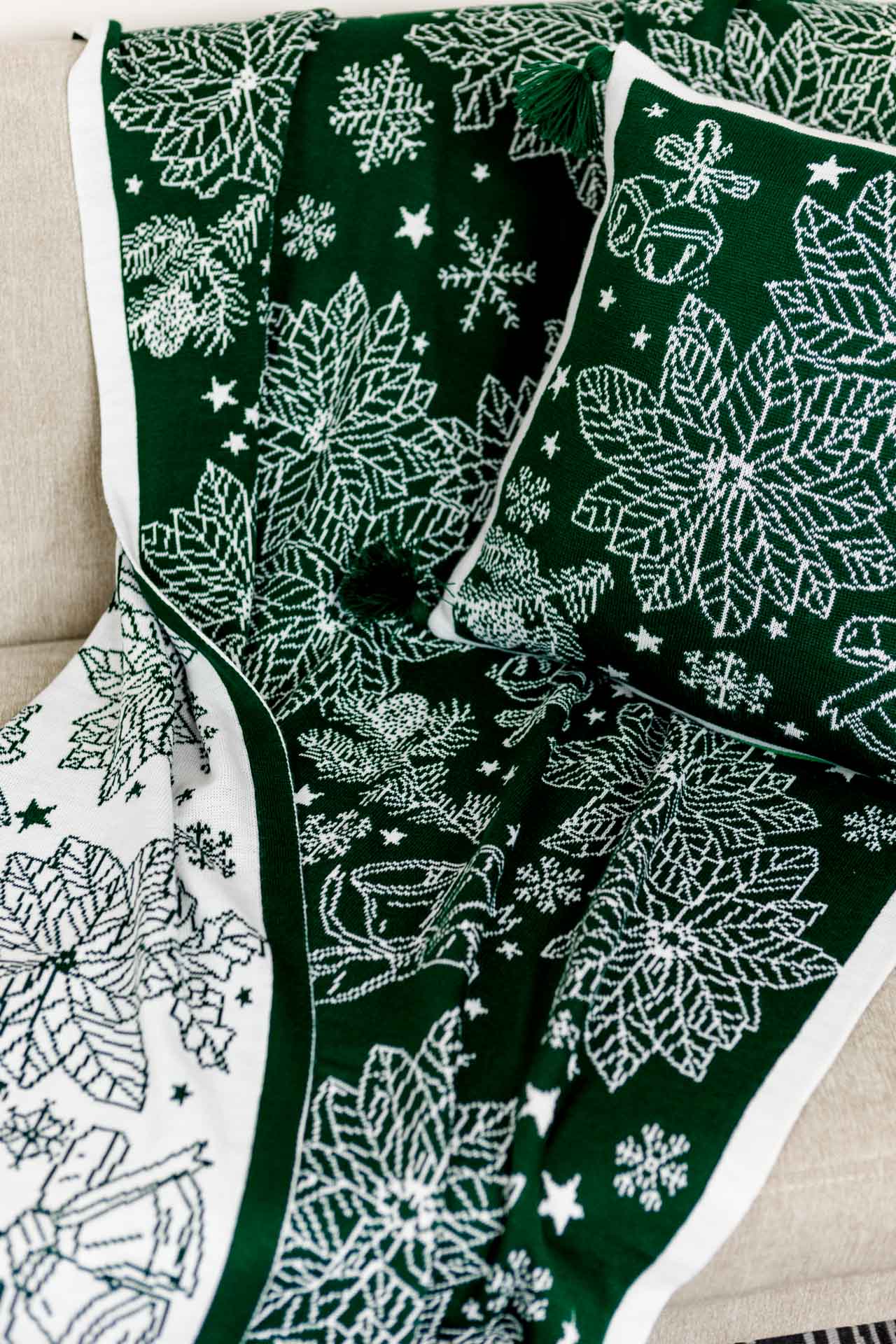 Green Knitted Christmas Pillowcase With Poinsettia Flower, Bells And Snowflakes Pattern | Festive Warm Winter Textile Set, Housewarming Gift