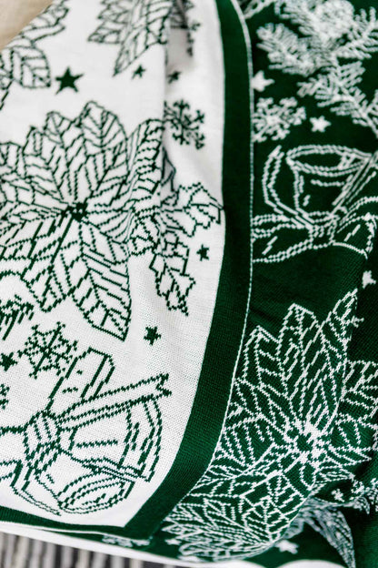 Green Knitted Christmas Pillowcase With Poinsettia Flower, Bells And Snowflakes Pattern | Festive Warm Winter Textile Set, Housewarming Gift