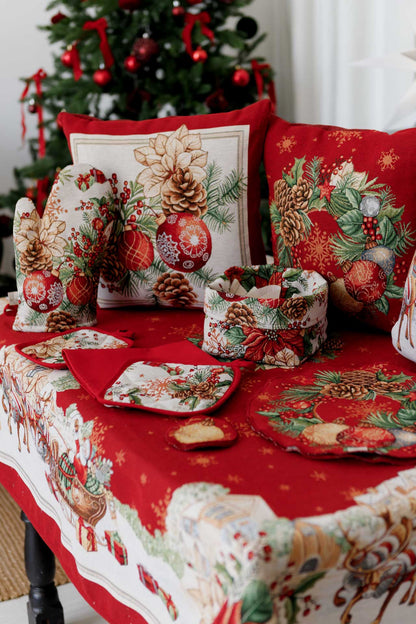 Red Christmas Tapestry Pillowcase – Holiday Wreath with Pinecones & Ornaments