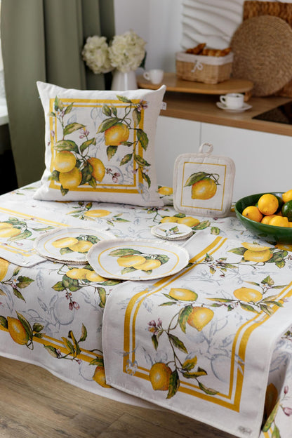 Tapestry Lemon Print Pillowcase | Mediterranean Kitchen Decor, Summer Citrus Table Cover, Yellow Fruit Botanical Linen Look Textile