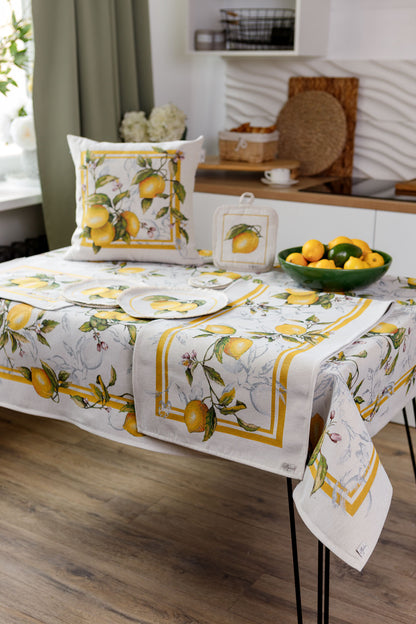 Tapestry Lemon Print Pillowcase | Mediterranean Kitchen Decor, Summer Citrus Table Cover, Yellow Fruit Botanical Linen Look Textile