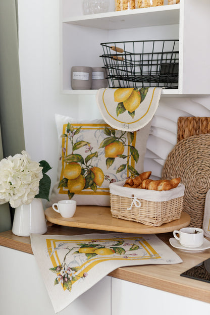Tapestry Lemon Print Pillowcase | Mediterranean Kitchen Decor, Summer Citrus Table Cover, Yellow Fruit Botanical Linen Look Textile