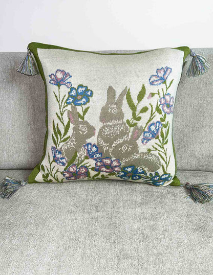 Knitted Pillowcase With Tassels, Bunnies, Flowers Pattern | Easter Festive Home Decor, Living Room, Bedroom Textile Set, Present Idea