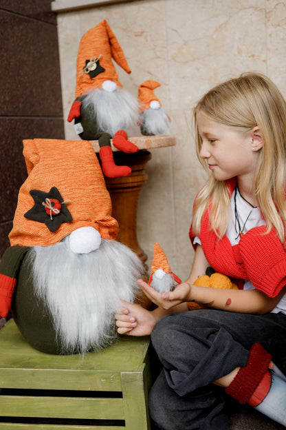 Handmade Gnome with Orange Hat | Fall Home Decor, Shelf Sitter, Autumn Figurine, Thanksgiving Gift