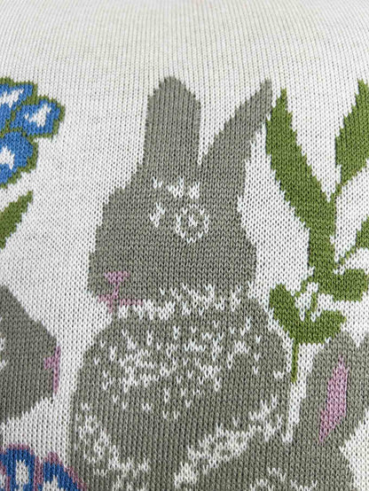 Knitted Pillowcase With Tassels, Bunnies, Flowers Pattern | Easter Festive Home Decor, Living Room, Bedroom Textile Set, Present Idea