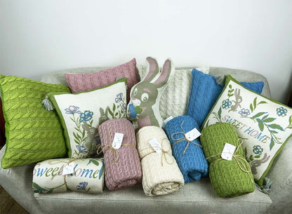Knitted Pillowcase With Tassels, Bunnies, Flowers Pattern | Easter Festive Home Decor, Living Room, Bedroom Textile Set, Present Idea