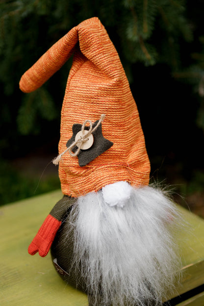 Handmade Gnome with Orange Hat | Fall Home Decor, Shelf Sitter, Autumn Figurine, Thanksgiving Gift