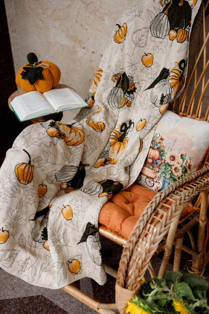 Knitted Pumpkin Blanket | Autumn Cozy Throw | Halloween and Thanksgiving Sofa Knit Throw | Fall Rustic Farmhouse Decor