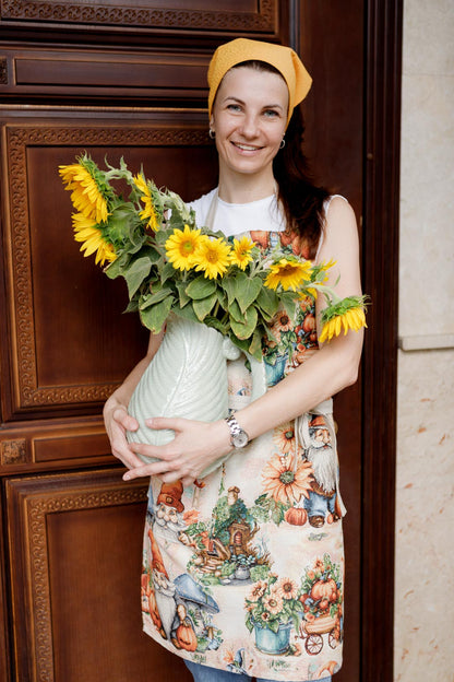 Autumn Gnomes Tapestry Kitchen Apron, Cup Coasters, Oven Mitten, Pot Holder Set | Thanksgiving Decor, Halloween Pumpkins Textile | Fall Harvest Table Decor
