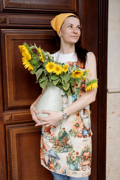 Autumn Gnomes Tapestry Kitchen Apron, Cup Coasters, Oven Mitten, Pot Holder Set | Thanksgiving Decor, Halloween Pumpkins Textile | Fall Harvest Table Decor