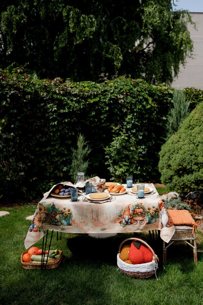 Autumn Gnomes Tapestry Tablecloth | Fall Harvest Table Decor, Halloween Pumpkins Table Cover | Thanksgiving Kitchen Decoration, Gnome Linen