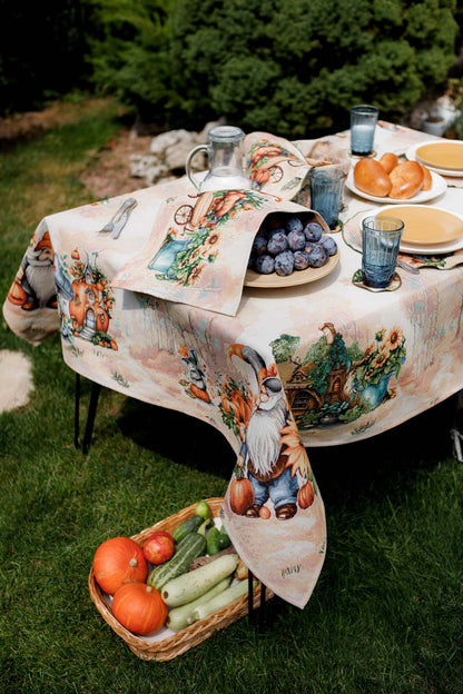 Autumn Gnomes Tapestry Tablecloth | Fall Harvest Table Decor, Halloween Pumpkins Table Cover | Thanksgiving Kitchen Decoration, Gnome Linen