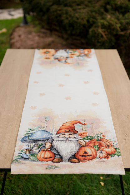 Autumn Gnomes Tapestry Table Runner | Thanksgiving Home Decor, Halloween Pumpkins Table Cover | Fall Harvest Table Decor
