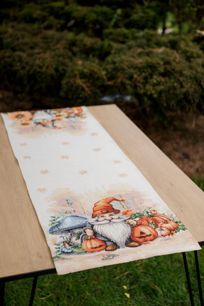 Autumn Gnomes Tapestry Table Runner | Thanksgiving Home Decor, Halloween Pumpkins Table Cover | Fall Harvest Table Decor