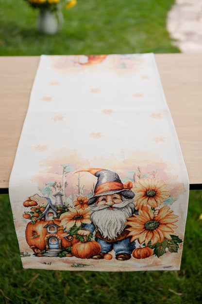 Autumn Gnomes Tapestry Table Runner | Thanksgiving Home Decor, Halloween Pumpkins Table Cover | Fall Harvest Table Decor