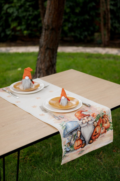 Autumn Gnomes Tapestry Table Runner | Thanksgiving Home Decor, Halloween Pumpkins Table Cover | Fall Harvest Table Decor