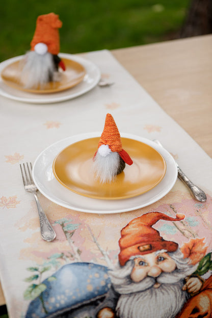 Autumn Gnomes Tapestry Table Runner | Thanksgiving Home Decor, Halloween Pumpkins Table Cover | Fall Harvest Table Decor