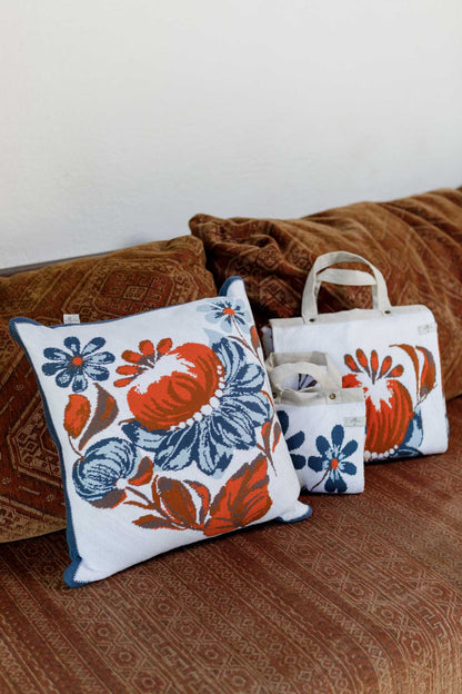 Ukrainian Style Knitted Throw Blanket, Petrykivka Floral Motif, Sofa Cover, Rustic Farmhouse Home Decor, Pillowcases With Bedspread Set