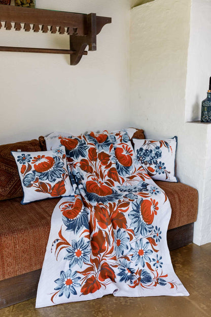 Ukrainian Style Knitted Throw Blanket, Petrykivka Floral Motif, Sofa Cover, Rustic Farmhouse Home Decor, Pillowcases With Bedspread Set