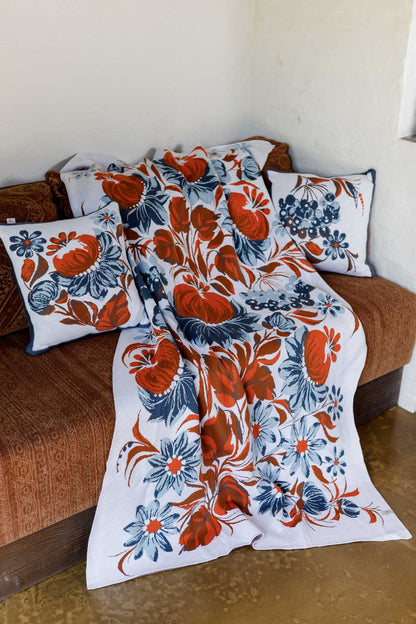 Ukrainian Style Knitted Throw Blanket, Petrykivka Floral Motif, Sofa Cover, Rustic Farmhouse Home Decor, Pillowcases With Bedspread Set