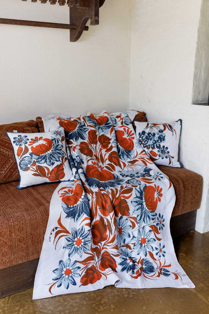 Ukrainian Style Knitted Throw Blanket, Petrykivka Floral Motif, Sofa Cover, Rustic Farmhouse Home Decor, Pillowcases With Bedspread Set