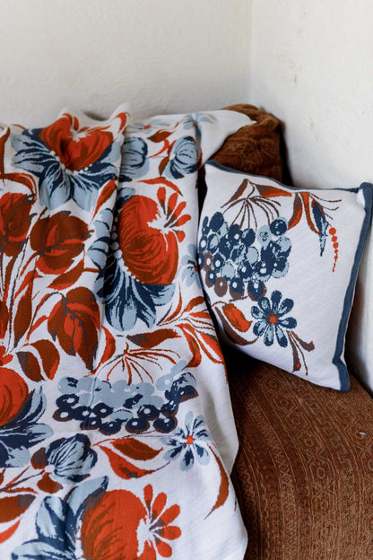 Ukrainian Style Knitted Throw Blanket, Petrykivka Floral Motif, Sofa Cover, Rustic Farmhouse Home Decor, Pillowcases With Bedspread Set