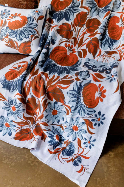 Ukrainian Style Knitted Throw Blanket, Petrykivka Floral Motif, Sofa Cover, Rustic Farmhouse Home Decor, Pillowcases With Bedspread Set