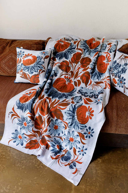 Ukrainian Style Knitted Throw Blanket, Petrykivka Floral Motif, Sofa Cover, Rustic Farmhouse Home Decor, Pillowcases With Bedspread Set