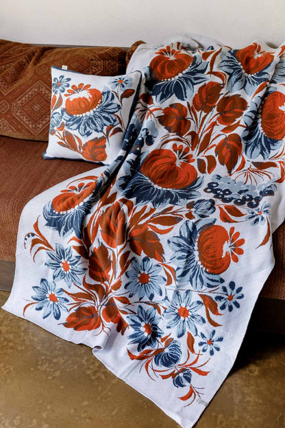Ukrainian Style Knitted Throw Blanket, Petrykivka Floral Motif, Sofa Cover, Rustic Farmhouse Home Decor, Pillowcases With Bedspread Set