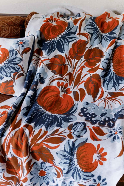 Ukrainian Style Knitted Throw Blanket, Petrykivka Floral Motif, Sofa Cover, Rustic Farmhouse Home Decor, Pillowcases With Bedspread Set