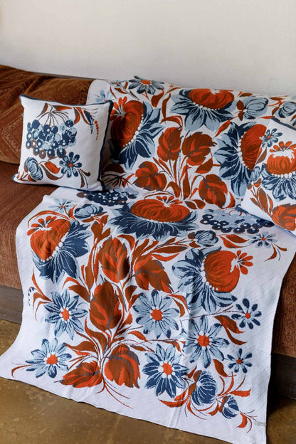 Ukrainian Style Knitted Throw Blanket, Petrykivka Floral Motif, Sofa Cover, Rustic Farmhouse Home Decor, Pillowcases With Bedspread Set