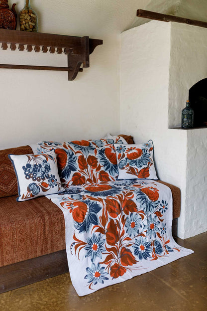 Ukrainian Style Knitted Throw Blanket, Petrykivka Floral Motif, Sofa Cover, Rustic Farmhouse Home Decor, Pillowcases With Bedspread Set