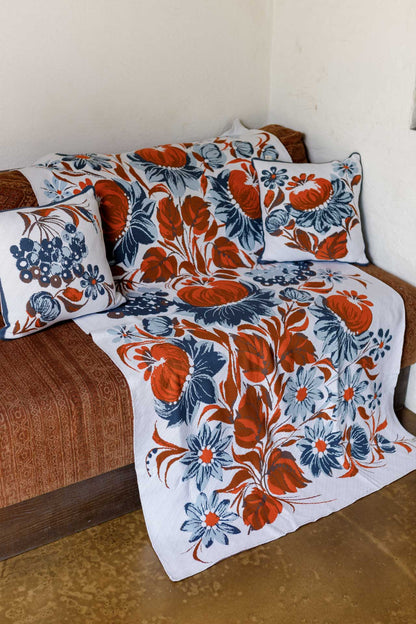 Ukrainian Style Knitted Throw Blanket, Petrykivka Floral Motif, Sofa Cover, Rustic Farmhouse Home Decor, Pillowcases With Bedspread Set
