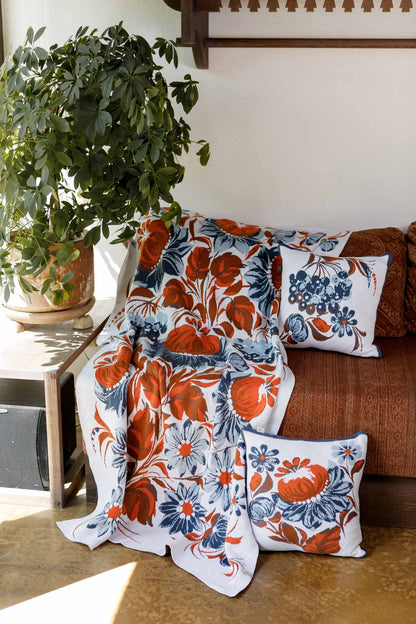 Ukrainian Style Knitted Throw Blanket, Petrykivka Floral Motif, Sofa Cover, Rustic Farmhouse Home Decor, Pillowcases With Bedspread Set