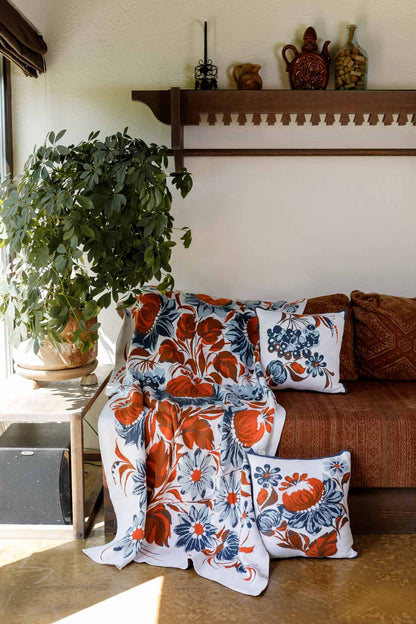 Ukrainian Style Knitted Throw Blanket, Petrykivka Floral Motif, Sofa Cover, Rustic Farmhouse Home Decor, Pillowcases With Bedspread Set