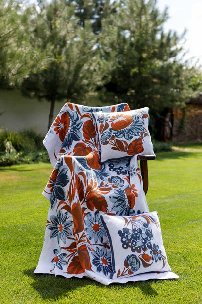 Ukrainian Style Knitted Throw Blanket, Petrykivka Floral Motif, Sofa Cover, Rustic Farmhouse Home Decor, Pillowcases With Bedspread Set