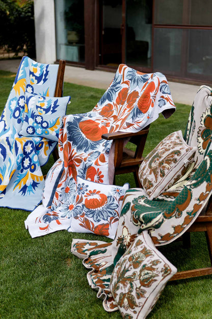 Ukrainian Style Knitted Throw Blanket, Petrykivka Floral Motif, Sofa Cover, Rustic Farmhouse Home Decor, Pillowcases With Bedspread Set