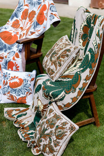 Ukrainian Style Knitted Throw Blanket, Petrykivka Floral Motif, Sofa Cover, Rustic Farmhouse Home Decor, Pillowcases With Bedspread Set