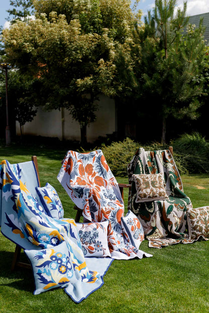 Ukrainian Style Knitted Throw Blanket, Petrykivka Floral Motif, Sofa Cover, Rustic Farmhouse Home Decor, Pillowcases With Bedspread Set