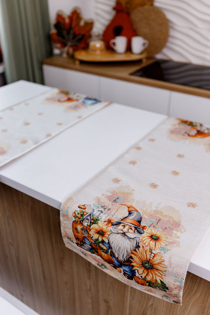 Autumn Gnomes Tapestry Table Runner | Thanksgiving Home Decor, Halloween Pumpkins Table Cover | Fall Harvest Table Decor